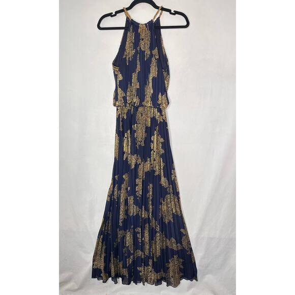 VTG Cache Maxi Dress Halter Blue Gold Foil Floral Printed Pleats Formal Gown 2 - Picture 1 of 9